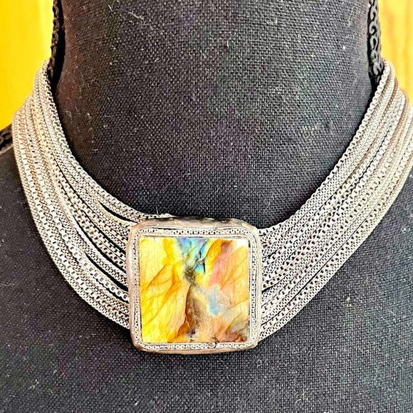 Silver Multistrand Necklace with Colorful Stone Chainmail Grunge Choker Boho VTG - Picture 1 of 12